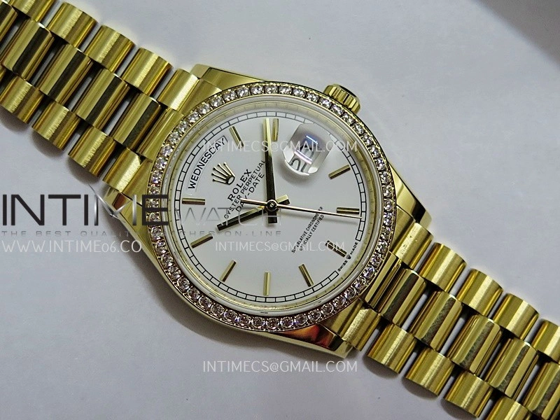 Day Date 128348 YG Gain Weight KF 1:1 White Dial Stick Marker On President Bracelet A2836