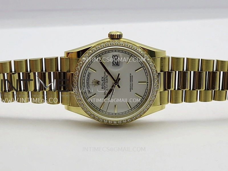 Day Date 128348 YG Gain Weight KF 1:1 White Dial Stick Marker On President Bracelet A2836