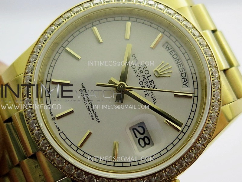 Day Date 128348 YG Gain Weight KF 1:1 White Dial Stick Marker On President Bracelet A2836