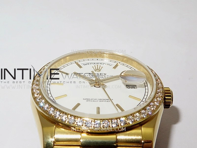 Day Date 128348 YG Gain Weight KF 1:1 White Dial Stick Marker On President Bracelet A2836