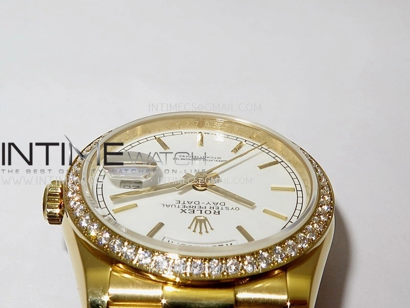 Day Date 128348 YG Gain Weight KF 1:1 White Dial Stick Marker On President Bracelet A2836
