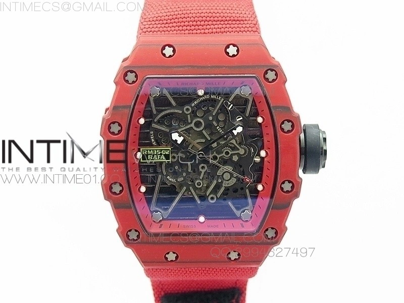 RM 035-2 Red Forged Carbon Red Inner Bezel Skeleton Dial on Red Nylon Strap MIYOTA9015