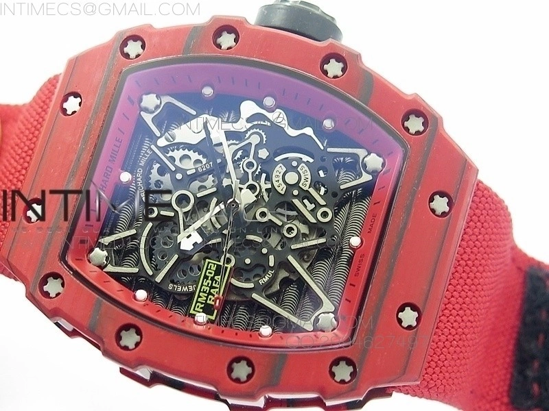 RM 035-2 Red Forged Carbon Red Inner Bezel Skeleton Dial on Red Nylon Strap MIYOTA9015