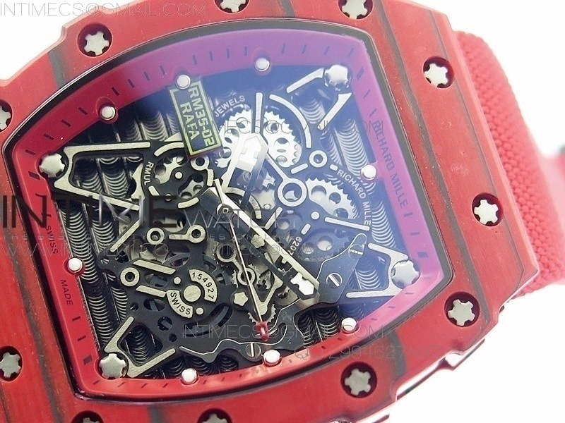 RM 035-2 Red Forged Carbon Red Inner Bezel Skeleton Dial on Red Nylon Strap MIYOTA9015