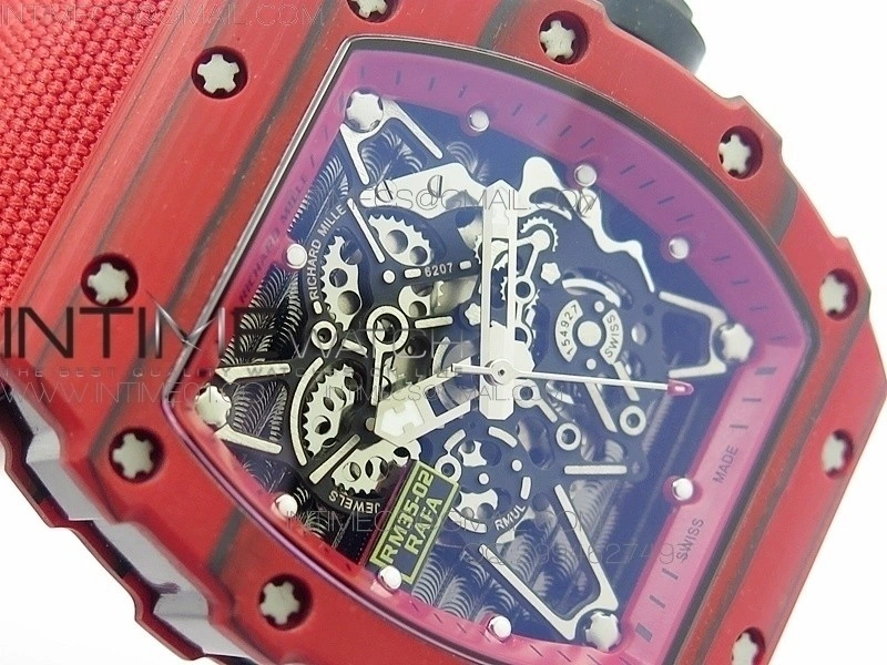 RM 035-2 Red Forged Carbon Red Inner Bezel Skeleton Dial on Red Nylon Strap MIYOTA9015