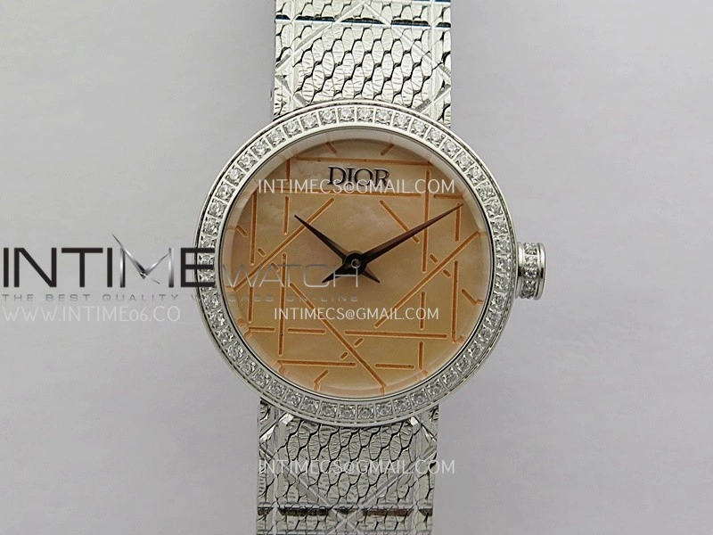 La D de Dior Satine 25mm SS Diamonds 8848F 1:1 Best Edition Pink MOP Dial On SS bracelet Swiss Quartz