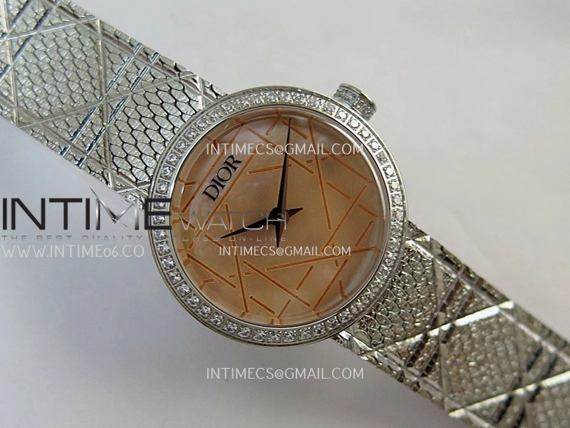 La D de Dior Satine 25mm SS Diamonds 8848F 1:1 Best Edition Pink MOP Dial On SS bracelet Swiss Quartz