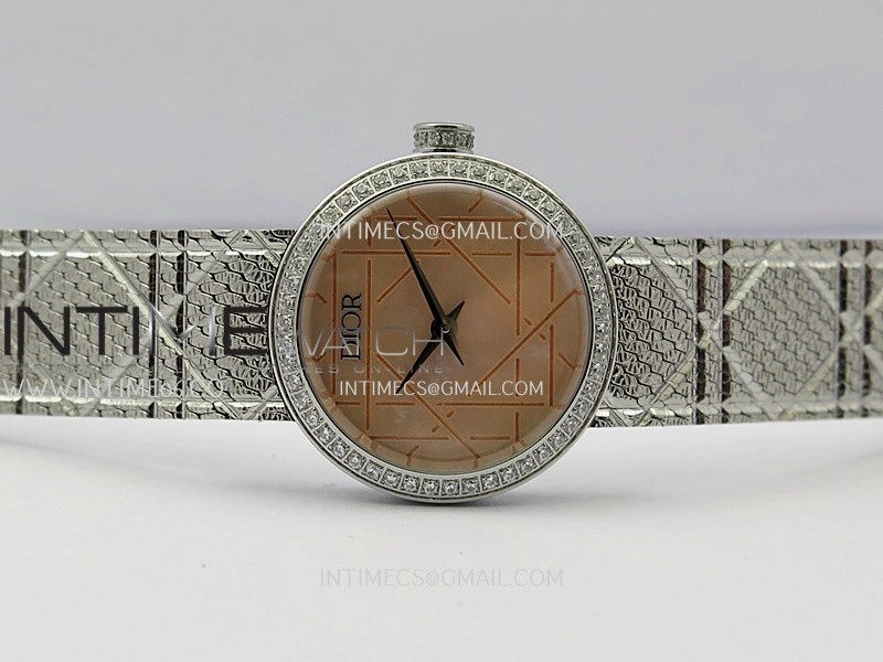 La D de Dior Satine 25mm SS Diamonds 8848F 1:1 Best Edition Pink MOP Dial On SS bracelet Swiss Quartz