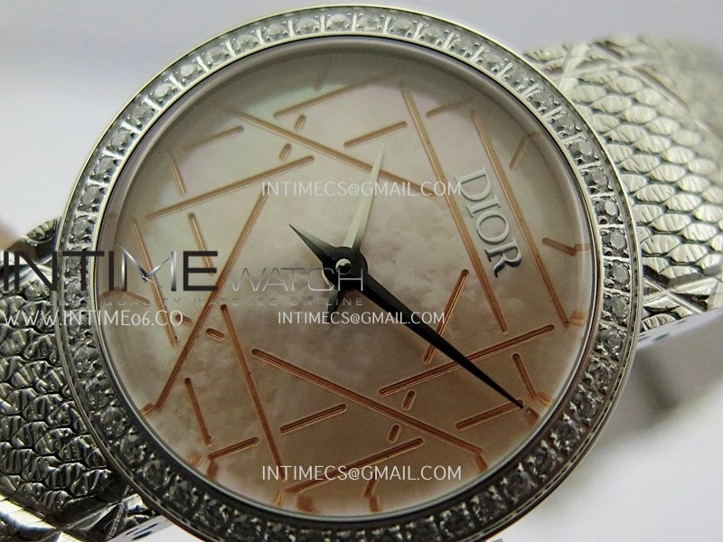 La D de Dior Satine 25mm SS Diamonds 8848F 1:1 Best Edition Pink MOP Dial On SS bracelet Swiss Quartz