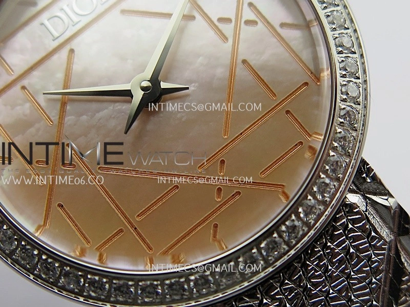 La D de Dior Satine 25mm SS Diamonds 8848F 1:1 Best Edition Pink MOP Dial On SS bracelet Swiss Quartz