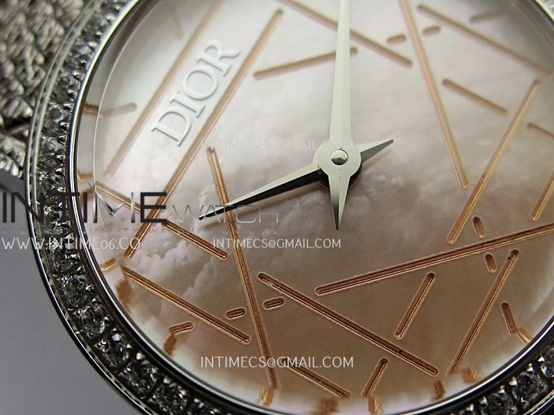 La D de Dior Satine 25mm SS Diamonds 8848F 1:1 Best Edition Pink MOP Dial On SS bracelet Swiss Quartz