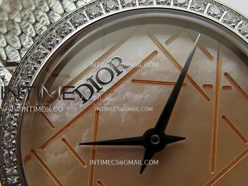 La D de Dior Satine 25mm SS Diamonds 8848F 1:1 Best Edition Pink MOP Dial On SS bracelet Swiss Quartz