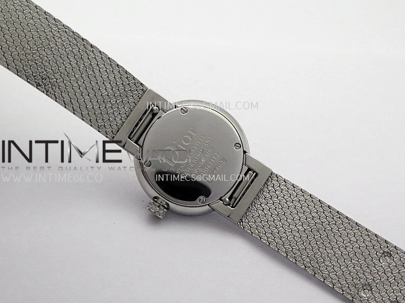 La D de Dior Satine 25mm SS Diamonds 8848F 1:1 Best Edition Pink MOP Dial On SS bracelet Swiss Quartz