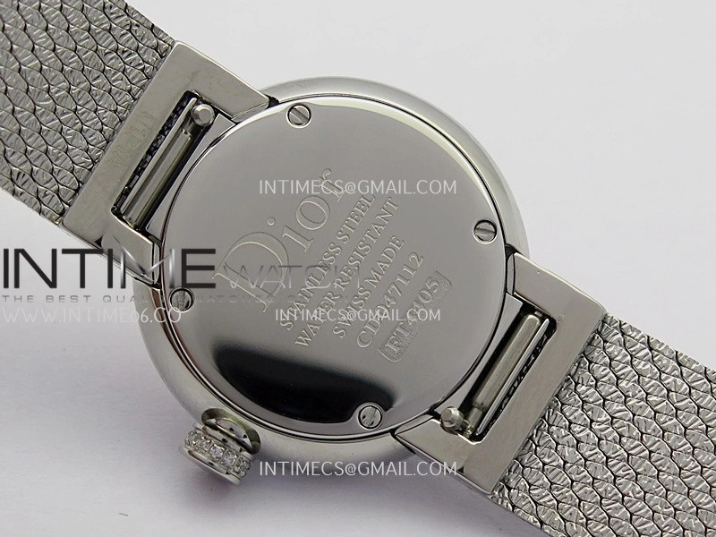 La D de Dior Satine 25mm SS Diamonds 8848F 1:1 Best Edition Pink MOP Dial On SS bracelet Swiss Quartz