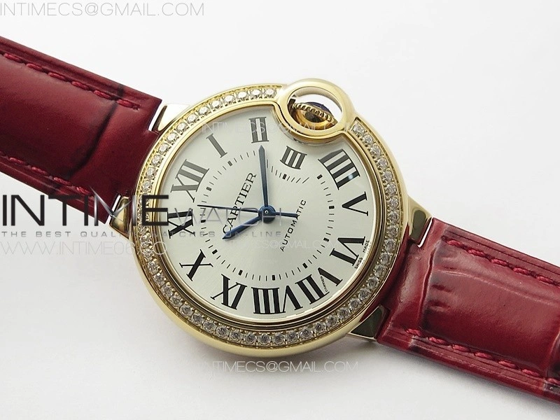 Ballon Bleu 33mm Diamonds Bezel RG 3KF 1:1 Best Edition White Dial on Red Leather Strap A076