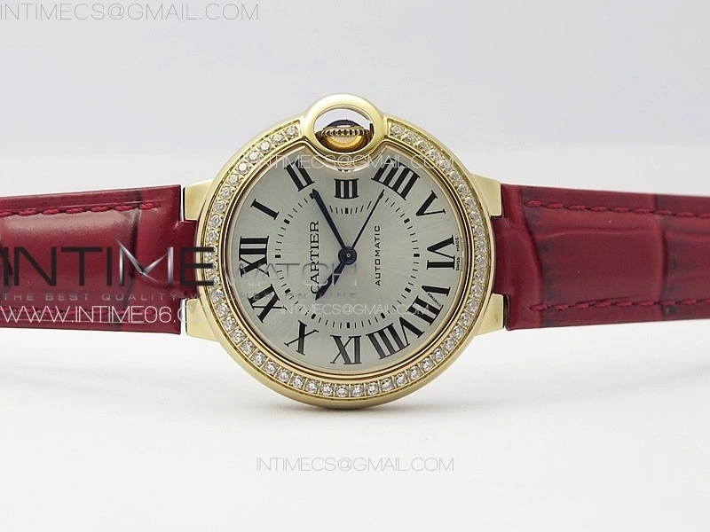 Ballon Bleu 33mm Diamonds Bezel RG 3KF 1:1 Best Edition White Dial on Red Leather Strap A076
