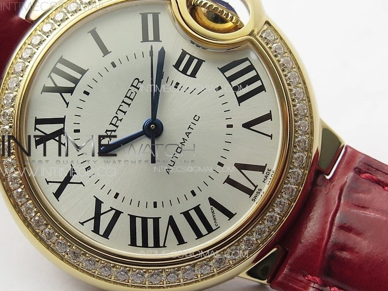 Ballon Bleu 33mm Diamonds Bezel RG 3KF 1:1 Best Edition White Dial on Red Leather Strap A076