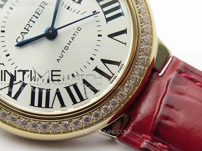 Ballon Bleu 33mm Diamonds Bezel RG 3KF 1:1 Best Edition White Dial on Red Leather Strap A076