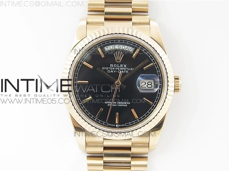 Day-Date 36 128239 RG BP Best Edition Black Sticks Markers Dial on RG President Bracelet