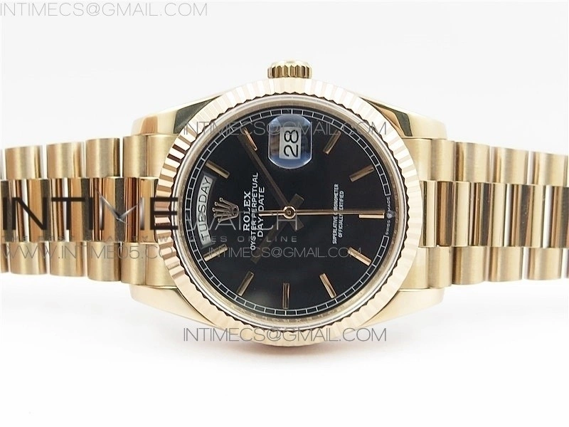 Day-Date 36 128239 RG BP Best Edition Black Sticks Markers Dial on RG President Bracelet