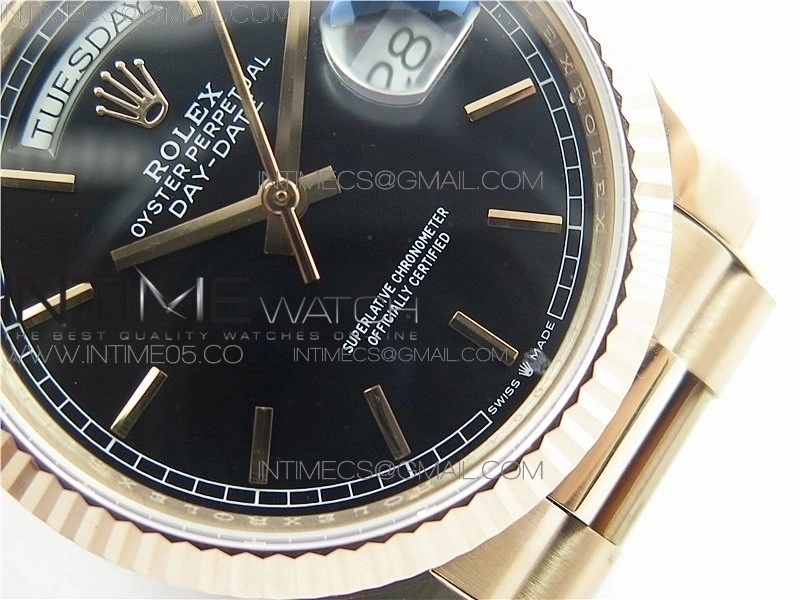 Day-Date 36 128239 RG BP Best Edition Black Sticks Markers Dial on RG President Bracelet