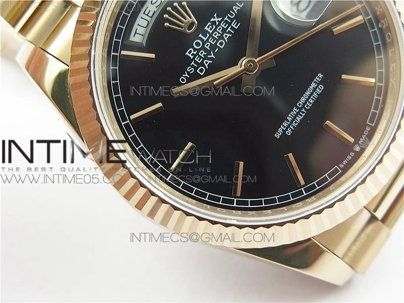 Day-Date 36 128239 RG BP Best Edition Black Sticks Markers Dial on RG President Bracelet
