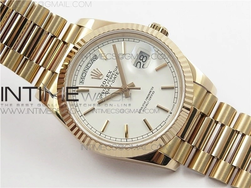 Day-Date 36 128239 RG BP Best Edition White Sticks Markers Dial on RG President Bracelet