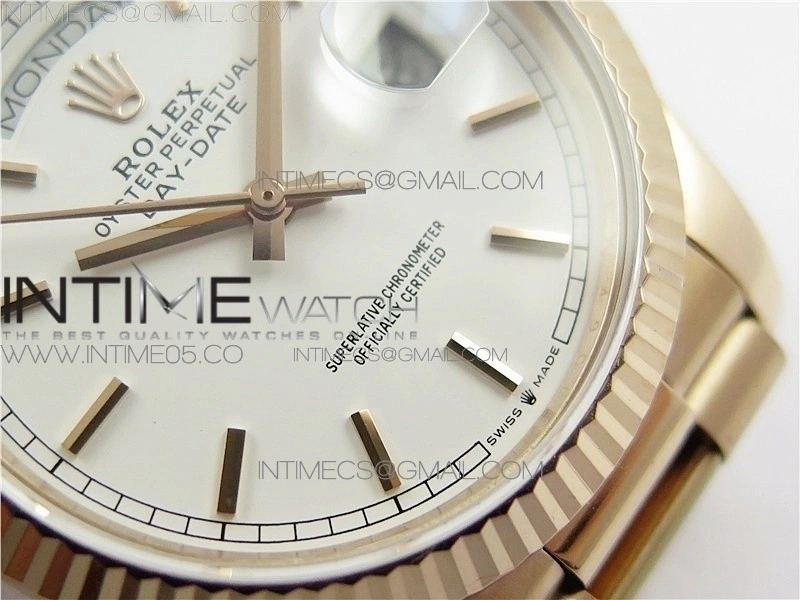 Day-Date 36 128239 RG BP Best Edition White Sticks Markers Dial on RG President Bracelet