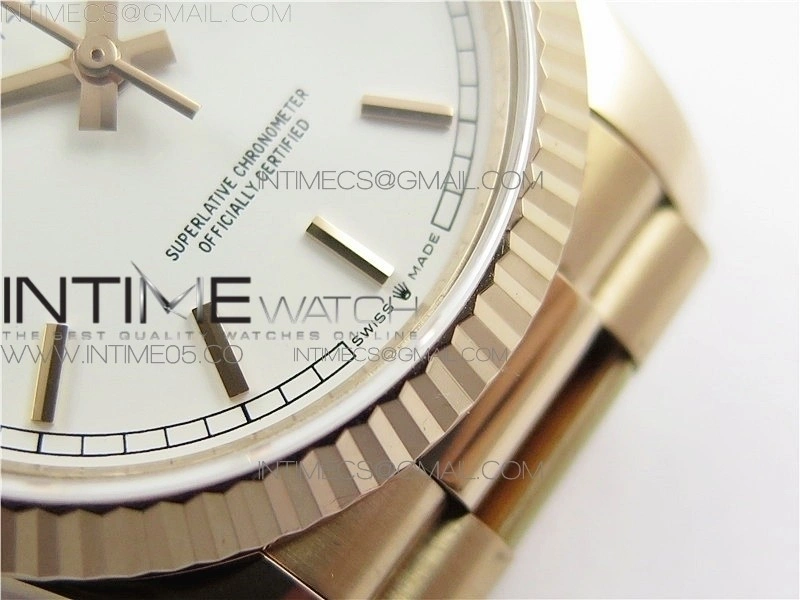 Day-Date 36 128239 RG BP Best Edition White Sticks Markers Dial on RG President Bracelet