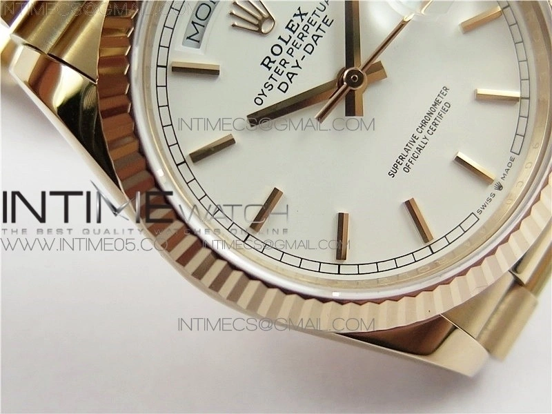 Day-Date 36 128239 RG BP Best Edition White Sticks Markers Dial on RG President Bracelet