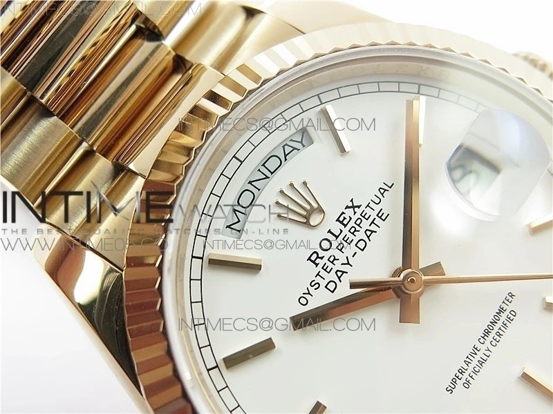 Day-Date 36 128239 RG BP Best Edition White Sticks Markers Dial on RG President Bracelet