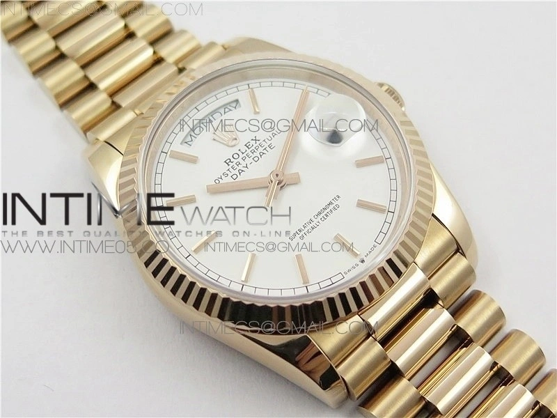 Day-Date 36 128239 RG BP Best Edition White Sticks Markers Dial on RG President Bracelet
