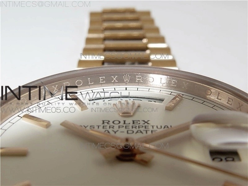 Day-Date 36 128239 RG BP Best Edition White Sticks Markers Dial on RG President Bracelet