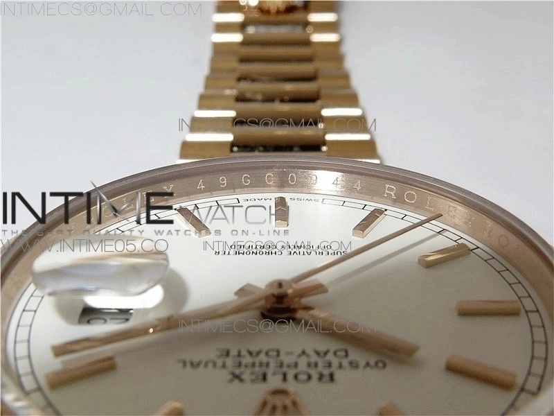 Day-Date 36 128239 RG BP Best Edition White Sticks Markers Dial on RG President Bracelet