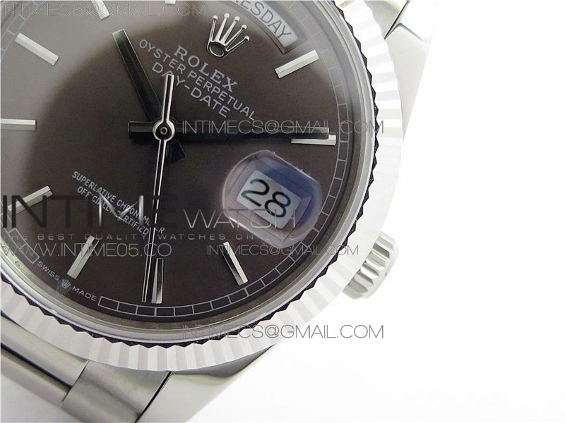 Day-Date 36 128239 SS BP Best Edition Brown Sticks Markers Dial on SS President Bracelet