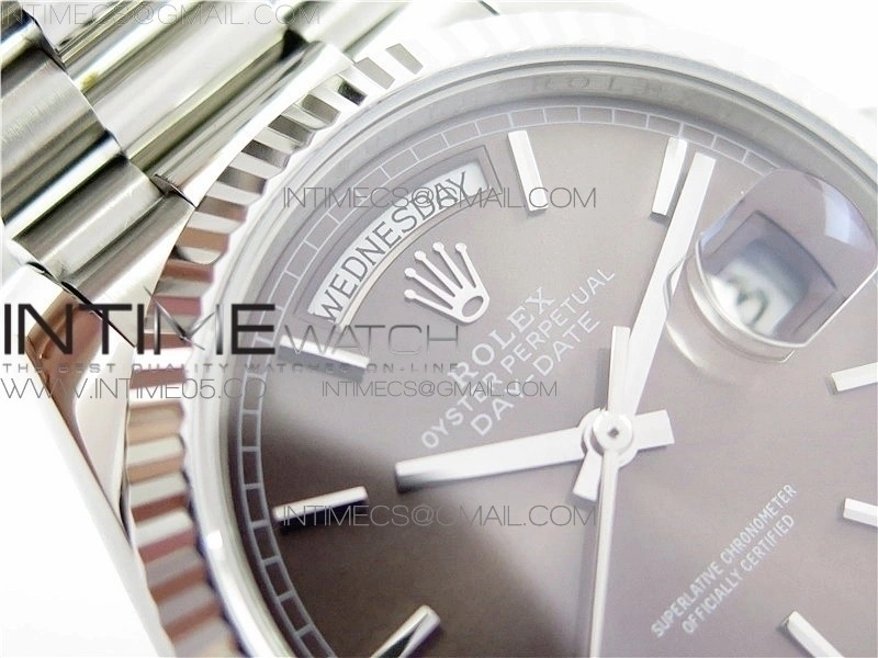 Day-Date 36 128239 SS BP Best Edition Brown Sticks Markers Dial on SS President Bracelet