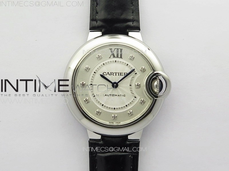 Ballon Bleu 33mm SS 3KF 1:1 Best Edition White Textured Dia Markers Dial on Black Leather Strap A076