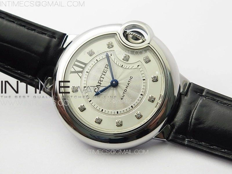 Ballon Bleu 33mm SS 3KF 1:1 Best Edition White Textured Dia Markers Dial on Black Leather Strap A076