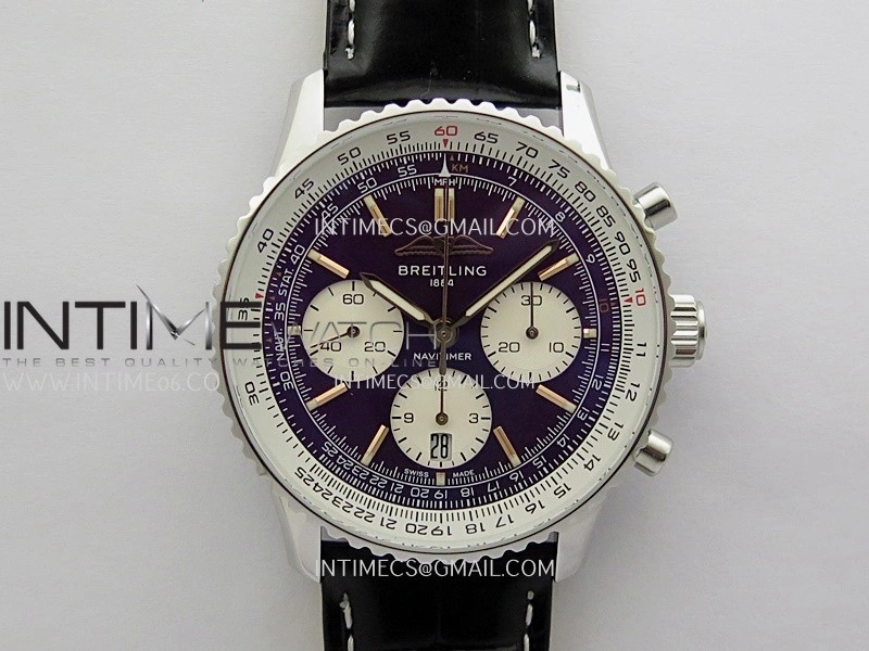 Navitimer B01 43mm SS B50 Best Edition Purple Dial White Subdial On Black Leather Strap A7750