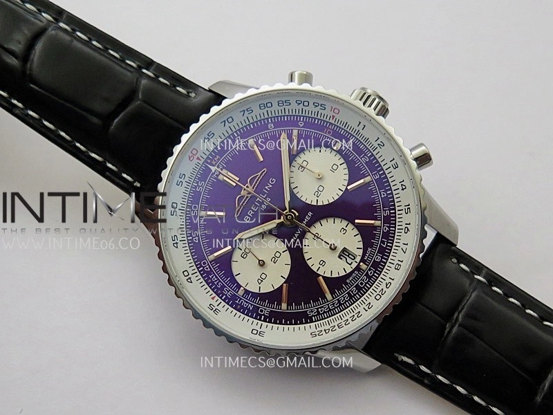 Navitimer B01 43mm SS B50 Best Edition Purple Dial White Subdial On Black Leather Strap A7750