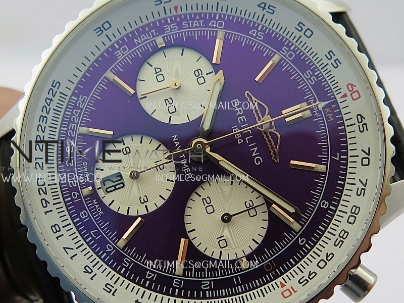 Navitimer B01 43mm SS B50 Best Edition Purple Dial White Subdial On Black Leather Strap A7750