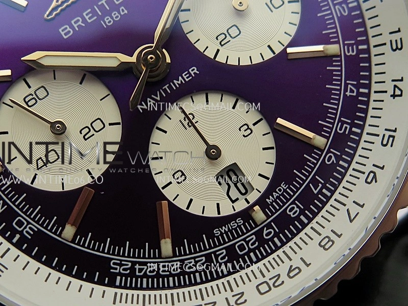 Navitimer B01 43mm SS B50 Best Edition Purple Dial White Subdial On Black Leather Strap A7750
