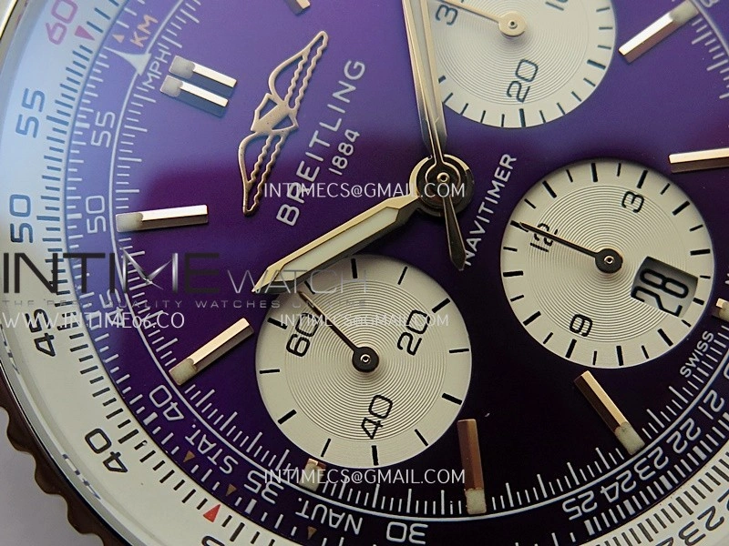 Navitimer B01 43mm SS B50 Best Edition Purple Dial White Subdial On Black Leather Strap A7750