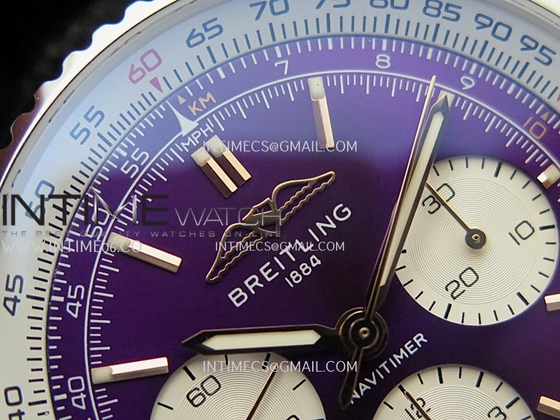Navitimer B01 43mm SS B50 Best Edition Purple Dial White Subdial On Black Leather Strap A7750