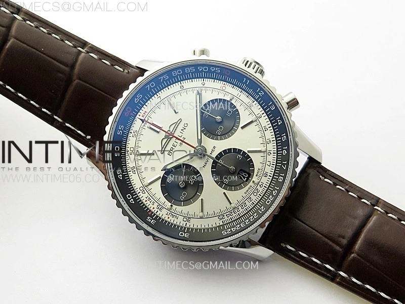 Navitimer B01 43mm SS B50 Best Edition Silver Dial Black Subdial On Brown Leather Strap A7750