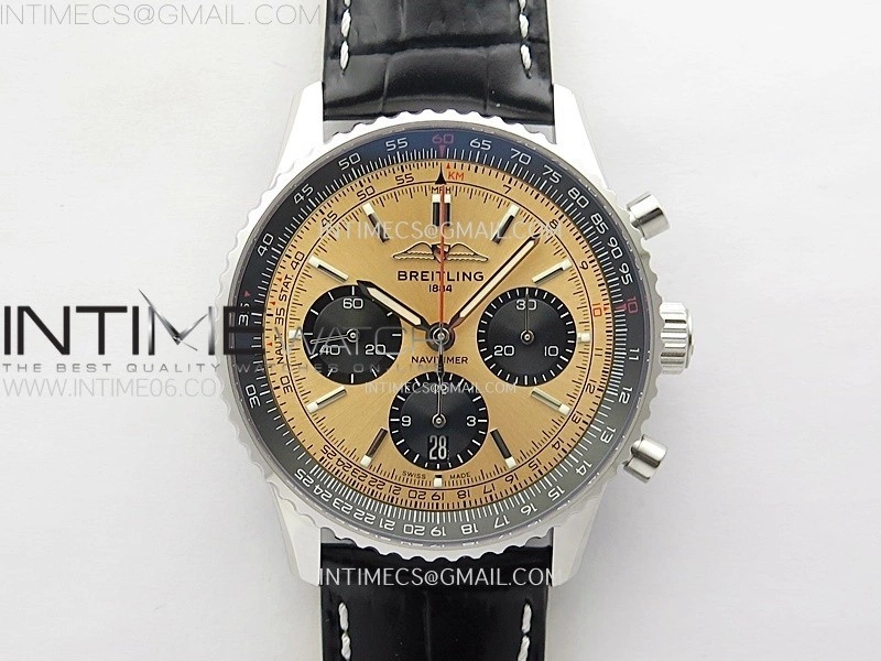 Navitimer B01 43mm SS BLSF 1:1 Best Edition RG Dial Black Subdial On Black Leather Strap A7750