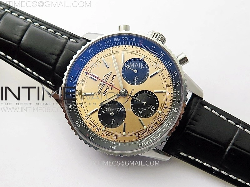 Navitimer B01 43mm SS BLSF 1:1 Best Edition RG Dial Black Subdial On Black Leather Strap A7750