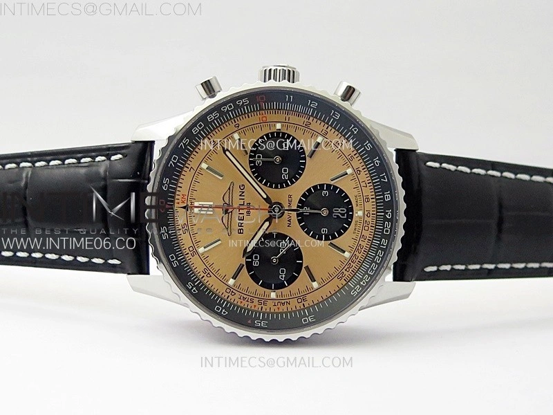 Navitimer B01 43mm SS BLSF 1:1 Best Edition RG Dial Black Subdial On Black Leather Strap A7750