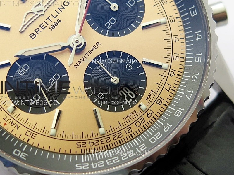 Navitimer B01 43mm SS BLSF 1:1 Best Edition RG Dial Black Subdial On Black Leather Strap A7750