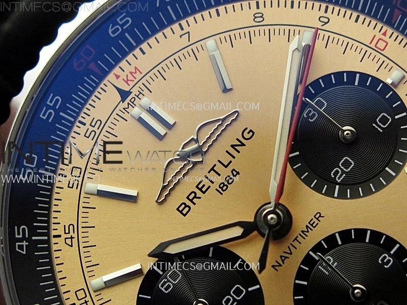 Navitimer B01 43mm SS BLSF 1:1 Best Edition RG Dial Black Subdial On Black Leather Strap A7750